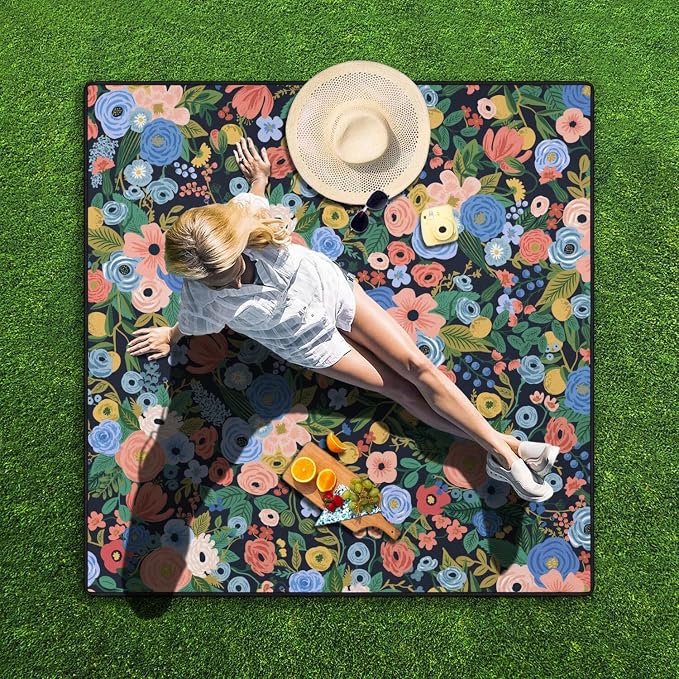 Picnic Blankets Waterproof Foldable Extra Large,80"x 80" Outdoor Beach Blanket Sandproof,3-Layer Lightweight Handy Mat Tote Picnic Camping Rugs for Outside Your Rv (Garden Party Floral Navy)
