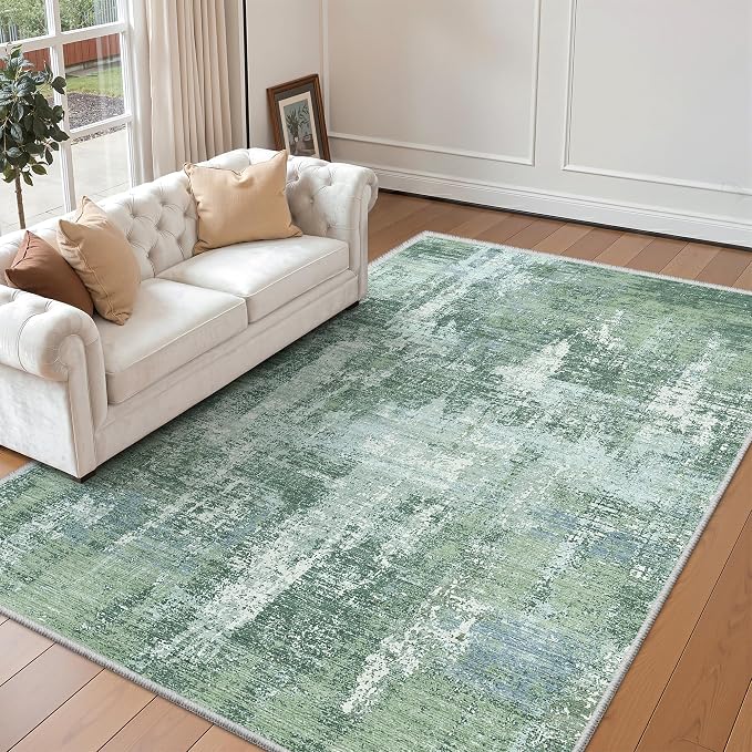 Valenrug 5x8 Area Rug, Abstract Washable Rugs for Living Room, Sage Green | Soft Thin & Lighweight, Folable, Stain Resistant Low Pile Non Slip Modern Distressed Carpet Rugs for Bedroom, Dining Room