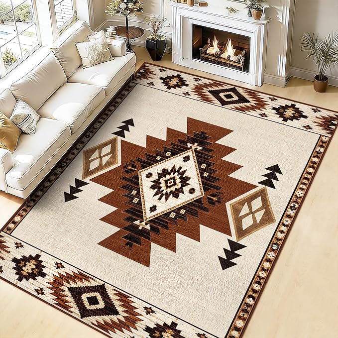 Area Rug 6x9 Western Rug for Living Room Southwestern Aztec Rugs | Machine Washable Southwest Tribal Navajo Rugs Low Pile Non-Slip Floor Carpet for Living Room Dining Room Bedroom Office