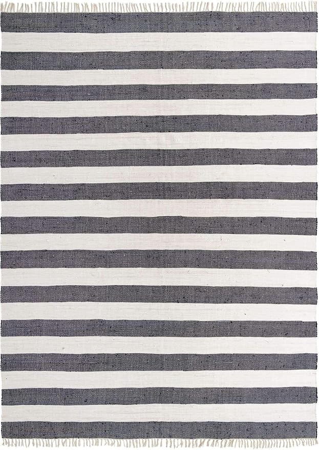 Unique Loom Chindi Rag Collection Area Rug - Striped (12' 2" x 16' 1" Rectangle, Navy Blue/ Ivory)