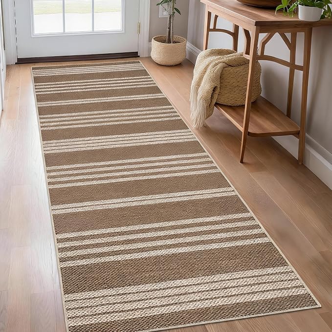 Garvee 2x6 Easy Jute Kitchen Rugs Washable Rugs for Hallway, Brown | Modern Line Print Area Rug Stain Resistant Easy Cleaning Throw Rugs Low Pile Floor Cover for Bedroom Laundry