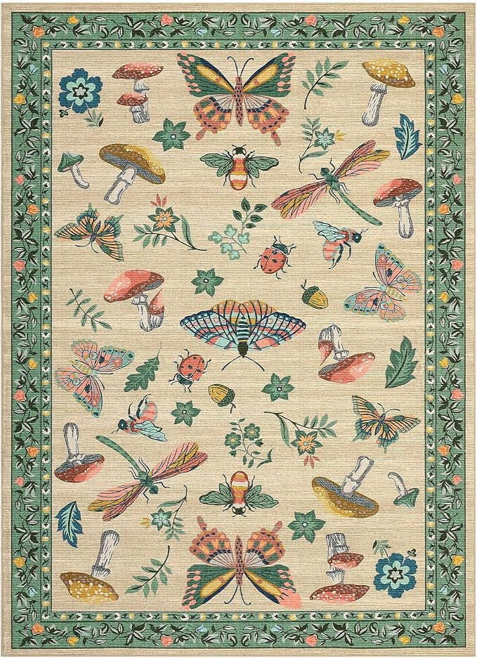 Mushroom Insect 8x10 Area Rugs, Washable Rugs for Living Room Non Slip Stain Resistant Low Pile Modern Butterfly Carpet for Bedroom Dining Room Nursery Playroom Office, Khaki Green