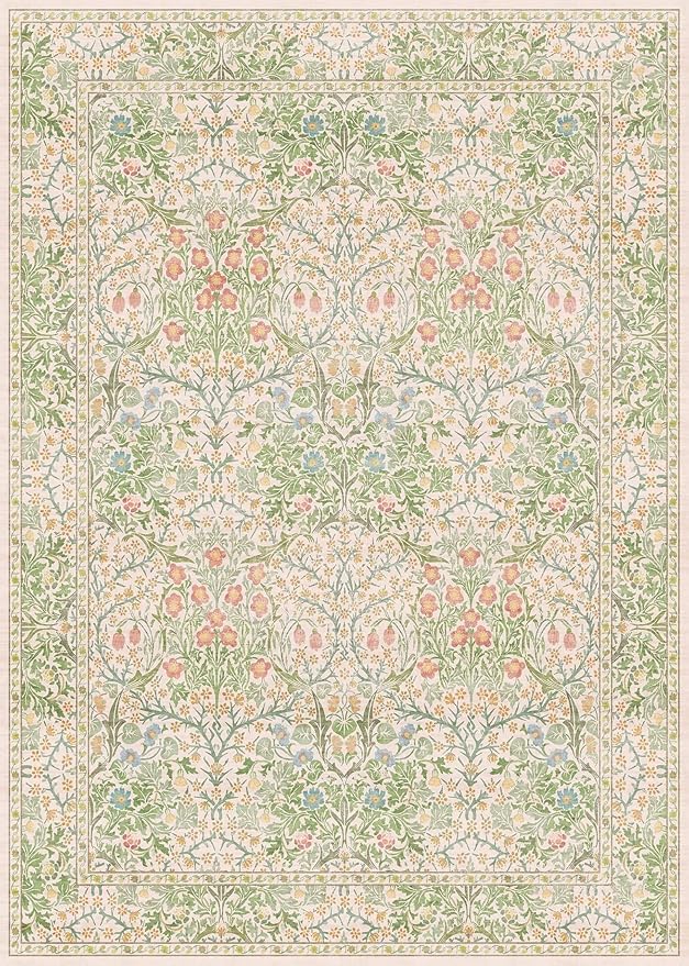 Beige Green Bedroom Rug 5x7 Area Rug for Living Room, Vintage Washable Floral Rugs for Nursery, Dining Room, Light Green Non Slip Stain Resistance Distressed Retro Low Pile Floor Mat Indoor