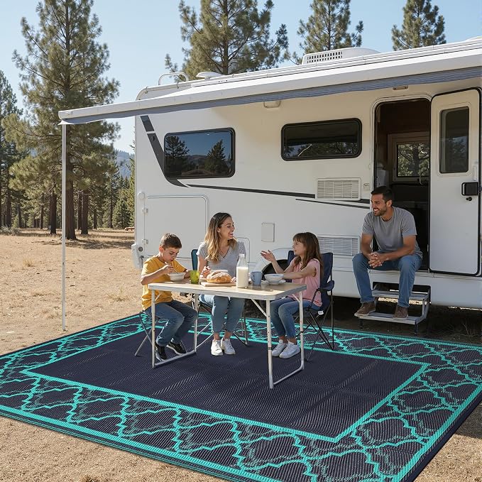 Garvee Reversible Outdoor Rug 6x9, Waterproof Outdoor Plastic Straw Rug with Interlacing Pattern, RV Mat for Picnics, Patio, Camping, Balcony, Deck, Backyard, Porch, Navy