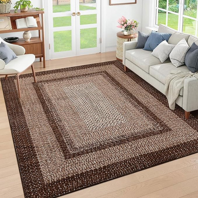 RUGSREAL Washable Bedroom Rug 4x6 Living Room Braided Print Floor Cover | Dining Room Throw Carpet with Rubber Backing Farmhouse Rustic Accent Rugs for Living Room Home Decor, Brown