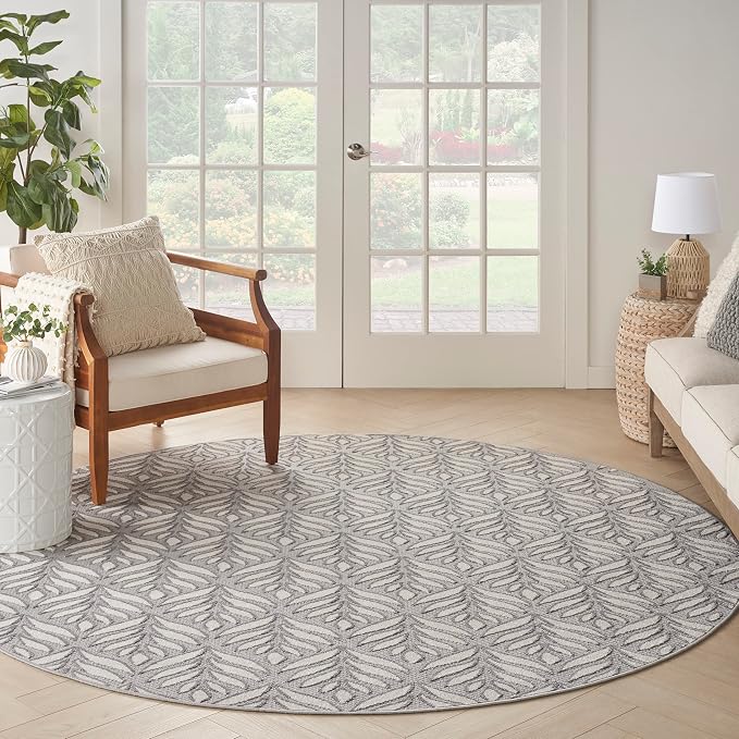 Nourison Home Aloha Indoor/Outdoor Grey 7’10” x Round Area Rug, Easy Cleaning, Non Shedding, Bed Room, Living Room, Dining Room, Backyard, Deck, Patio (8 Round)