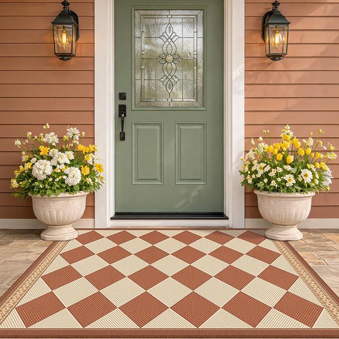 Terracotta Beige Diamond Checkered 3x5 Entryway Rug, Boho Easy Jute Indoor Outdoor Rug, Modern Farmhouse Washable Non Slip Porch Patio Rug for Kitchen, Balcony, Bedroom, Laundry Room, Mudroom