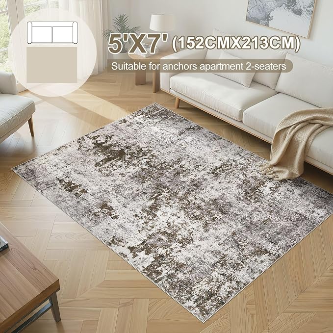 DMOYEST 5x7 Area Rug for Living Room Washable Abstract Indoor Carpet | Neutral Modern Low Pile Rugs Kid & Pet Friendly Soft Thin Carpet for Bedroom Dining Room and Office - Dark Brown