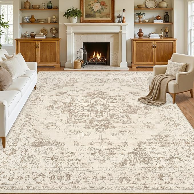 10x14 Area Rugs Living Room: Bedroom Washable Carpet Beige/Ivory | Large Vintage Boho Indoor Decor Neutral Soft Nursery Farmhouse Dining Room Office Floor Non-Slip Low Pile Under Table Rug