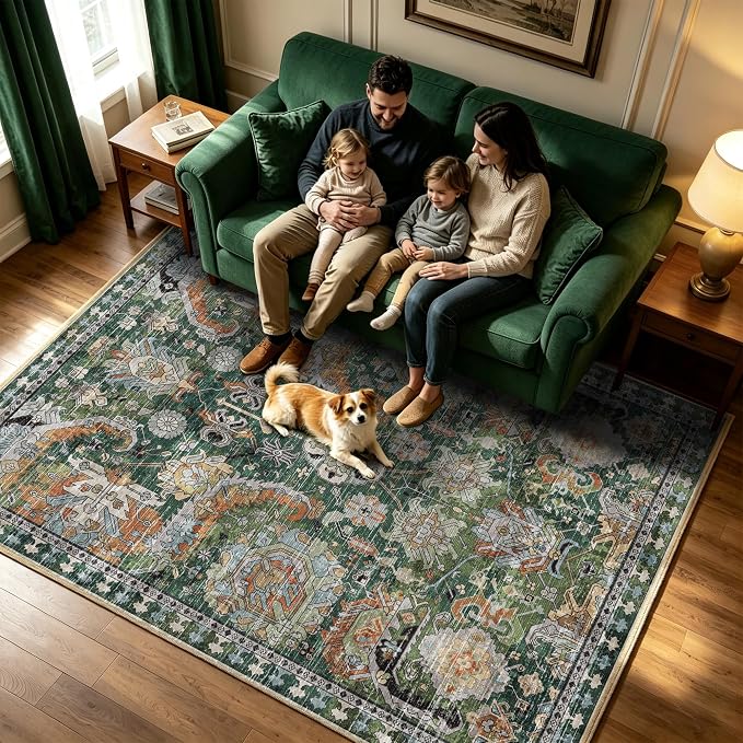 Washable Area Rugs - Perfect for Living Room, Bedroom, Kids Room, Nursery - Stain & Water Resistant Non-Slip, Pet & Child Friendly, Vintage Tribal Area Rugs (Green, 6' x 9')