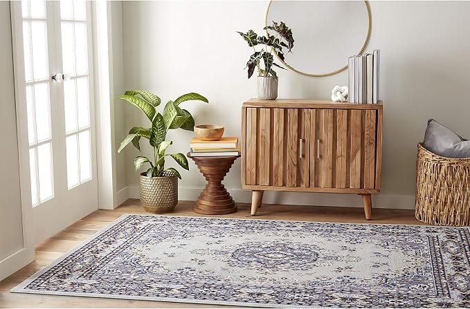 Home Dynamix Premium Sakarya Traditional Medallion Border Area Rug, Silver, 5'2"x7'4" Rectangle
