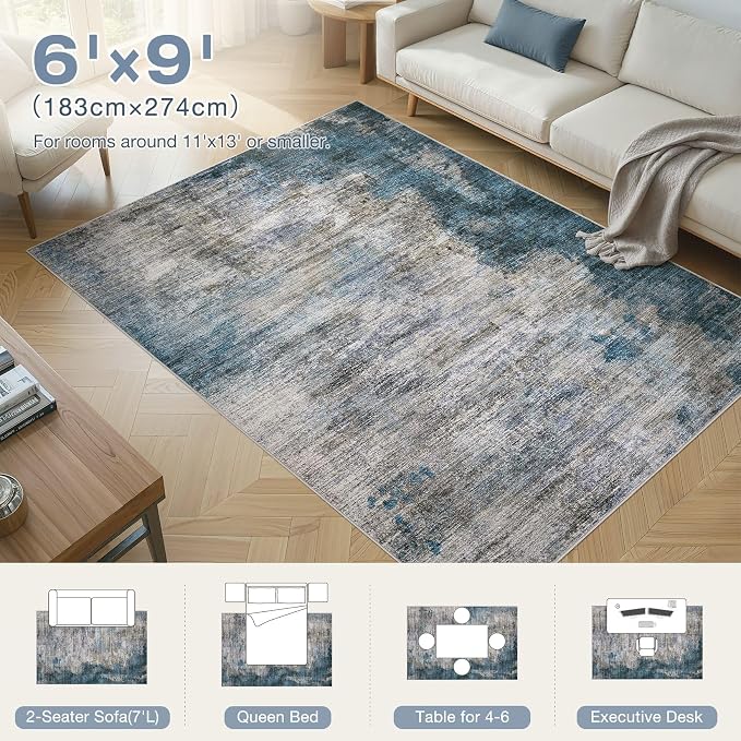 DMOYEST 6x9 Area Rug for Living Room Washable Abstract Indoor Carpet | Neutral Modern Low Pile Rugs Kid & Pet Friendly Soft Thin Carpet for Bedroom Dining Room and Office - Dark Grey Blue