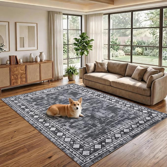Garvee 8x10 Vintage Border Washable Rugs for Living Room Bedroom Rug, Grey | Boho Area Rug Stain Resistant Easy Cleaning Throw Rugs Low Pile Floor Cover for Nursery Dining Room Apartment
