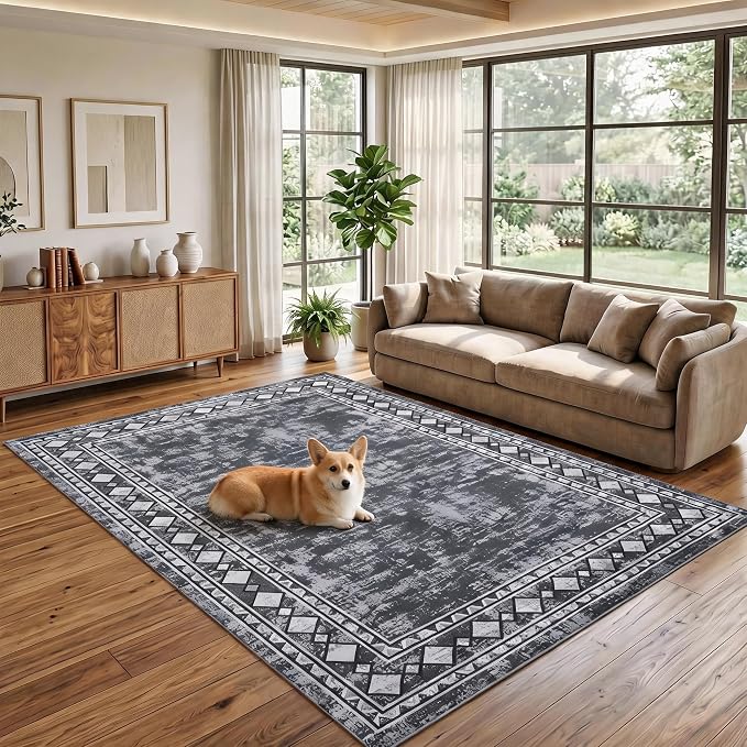 Garvee Large Area Rug 10x13 Rugs Vintage Border Washable Rug, Grey | Boho Area Rug Stain Resistant Easy Cleaning Throw Rugs Low Pile Floor Cover for Nursery Dining Room Apartment