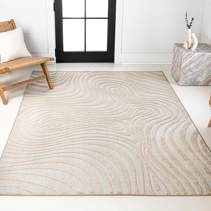 JONATHAN Y Maribo High-Low Abstract Striped Beige/Cream 8x10 Indoor/Outdoor Area Rug for Patio, Backyard, Living Room, Bedroom, Office, Hose-Washable (SCN103D-8)