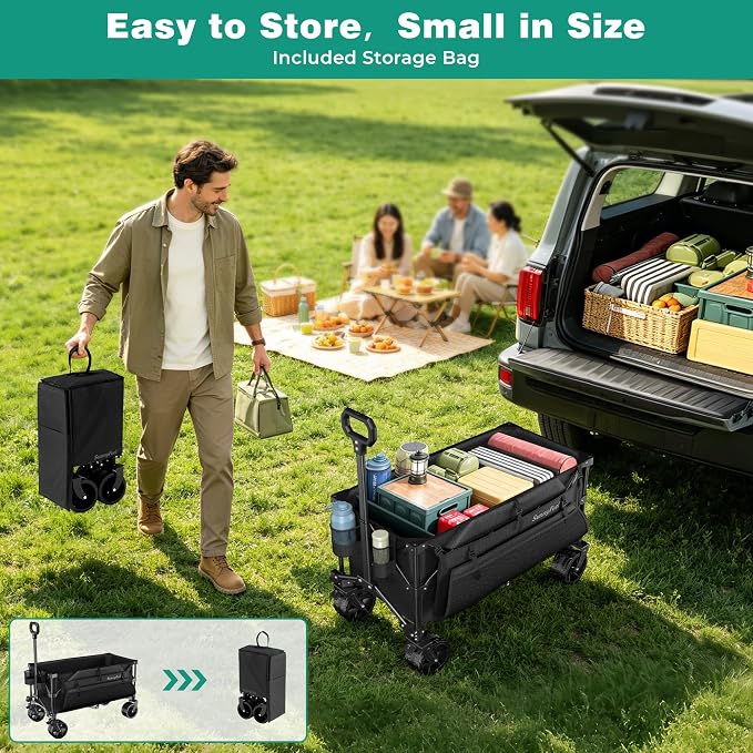 SUNNYFEEL 300L Wagon Cart Foldable - 550LBS Heavy Duty Collapsible Wagon with Big All-Terrain Wheels & Brakes, Extra Large Folding Utility Wagon for Camping, Grocery, Sports, Garden, Beach, Black