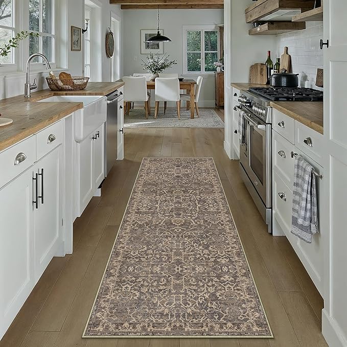 2x6 Brown Vintage Floral Washable Runner Rug for Hallway | Low Pile, Non Slip, Retro Style, Soft Distressed Indoor Rug for Entrance, Kitchen, Bedroom, Laundry Room, Home Decor