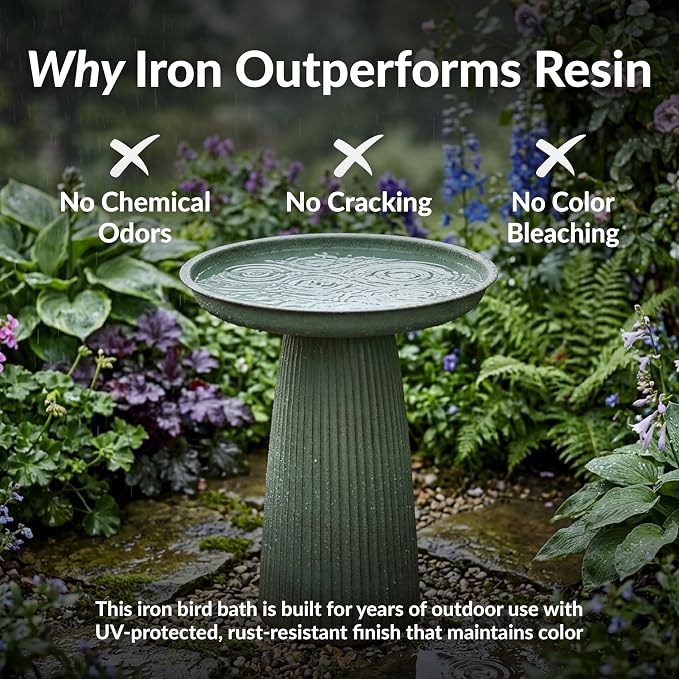 Sunnydaze Gleeful Garden 23" Iron Pedestal Bird Bath for Outside - Modern Shallow Basin Birdbath for Outdoors with UV-Protected Rust-Resistant Finish for Patio, Garden, Yard Decor - Matte Green