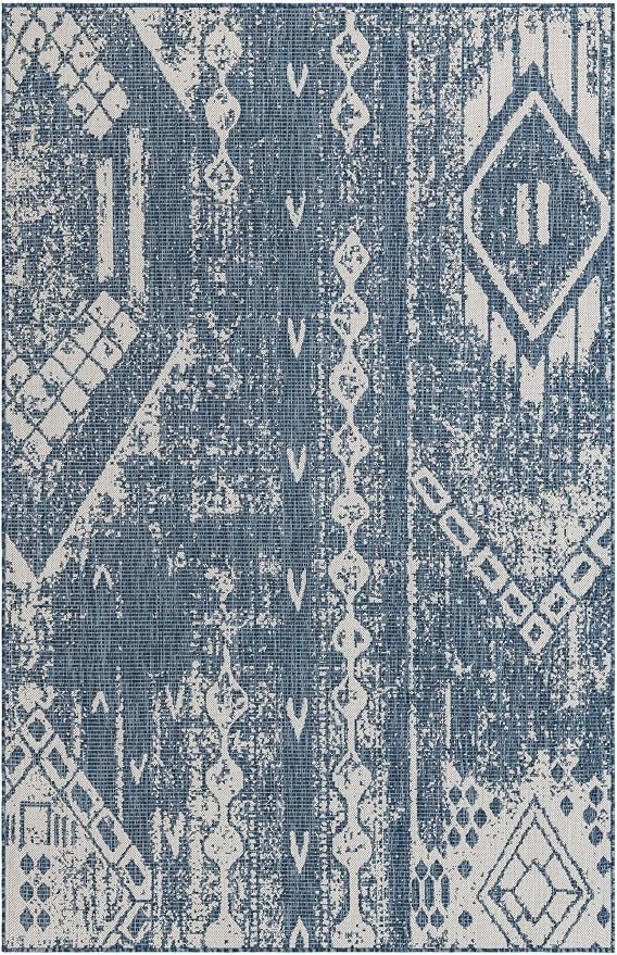 Unique Loom Outdoor Bohemian Collection Area Rug - Anthro (5' 3" x 8' Rectangle, Blue/ Ivory)