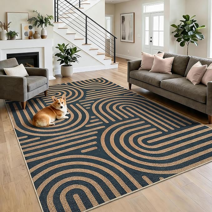 Garvee Large Area Rug 10x13 Rugs Modern Abstract Washable Rug | Black Taupe Rainbow Area Rug Stain Resistant Easy Cleaning Throw Rugs Low Pile Floor Cover for Nursery Dining Room Apartment