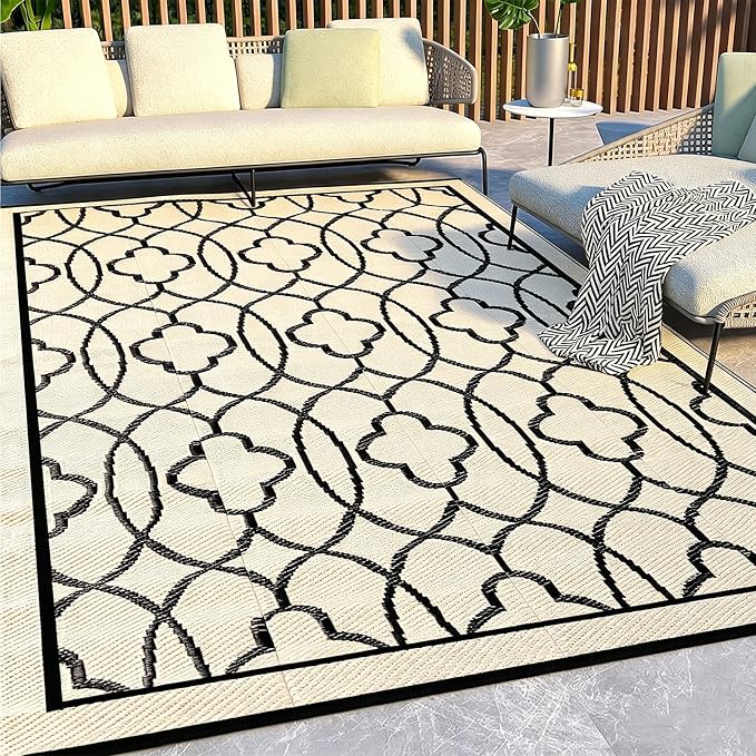 Pendolr 5’x8’ Outdoor Rug Waterproof Carpet Patio Rug Outdoor Plastic Straw Rugs Camping Rug Reversible Outside Outdoor Area Rug for Balcony Deck Backyard RV Picnic Beach Black&Beige 01#