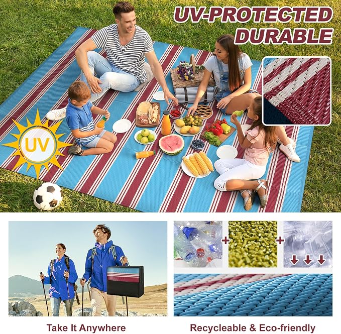 Lahome Striped Waterproof Outdoor Rug 8x10 Patio, Reversible Patriotic Outdoor Camping Rug Plastic Straw, RV Patio Rugs Carpet for Patriotic Decor Porch Deck Backyard(Blue/Red,8'x 10')