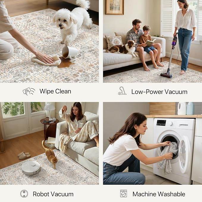 Washable Rugs 8x10 for Living Room, Low Pile, Beige Grey | Vintage Distressed Design Area Rug, Spill Resistant Lightweight Non-Shedding Carpet for Bedroom, Dining Room, Office