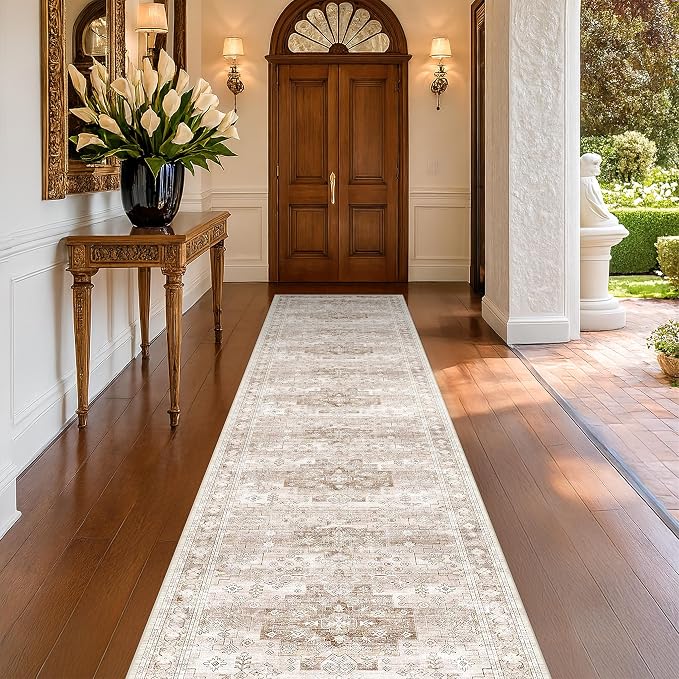 Washable 3x12 Long Runner Rug for Hallway, Boho Waterproof Large Kitchen Floor Rug, Non-Slip Stain & Fade Resistant, Vintage Beige Floral Décor (3x12 Beige/Latte)