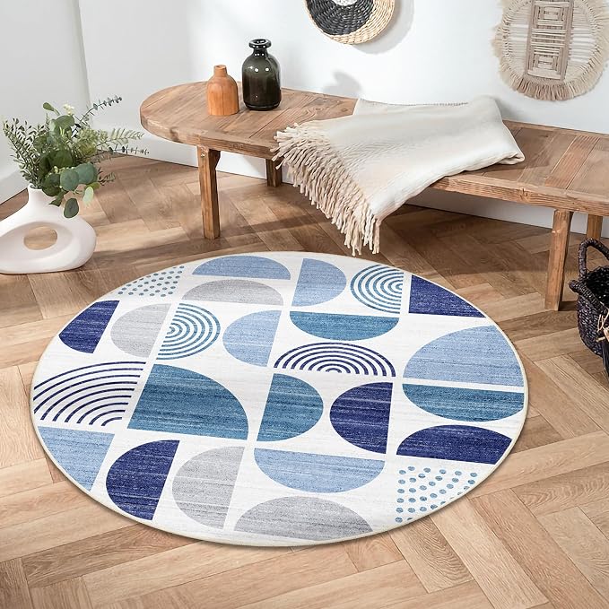 Round Rug 4ft Small Circle Area Rug Washable Non Slip Modern Abstract | Circular Rugs for Entryway Bedroom Kitchen Boho Throw Carpet Boho Soft Low Pile Floor Indoor Bohemian Navy Blue
