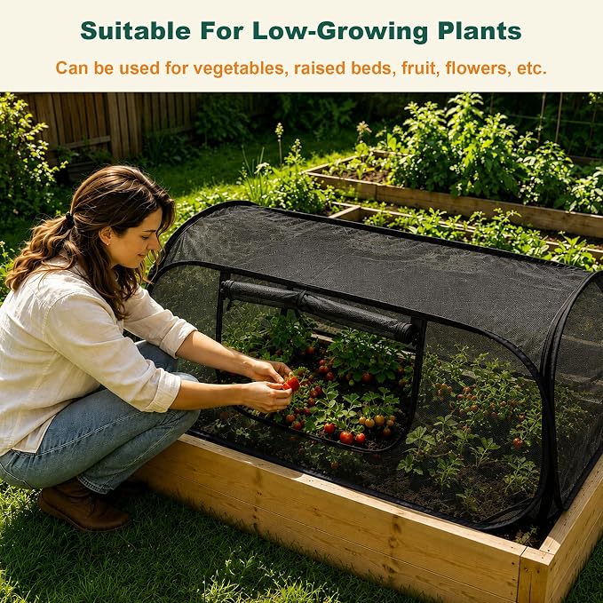 2Pack Raised Garden Bed Covers, Pop-Up Mesh Plant Shade Cover, 30% Sunblock Plant Shade Tent, Foldable Garden Netting Crop Cage for Vegetables Against Birds, Insects, 16 Stakes, Black-45"X22"X17.7"
