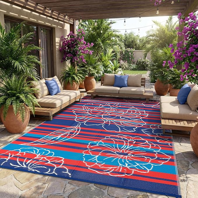 Garvee 9x12 Outdoor Waterproof Rug, Floral Outdoor Area Rug，Reversible Plastic Straw Patio Rug, Portable Camping Mat for RV, Picnic, Beach, Balcony, Garden & Camping Red&Navy