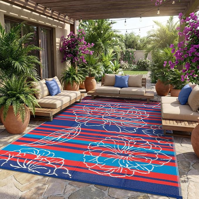 Garvee 10x14 Outdoor Waterproof Rug, Floral Outdoor Area Rug，Reversible Plastic Straw Patio Rug, Portable Camping Mat for RV, Picnic, Beach, Balcony, Garden & Camping Red&Navy