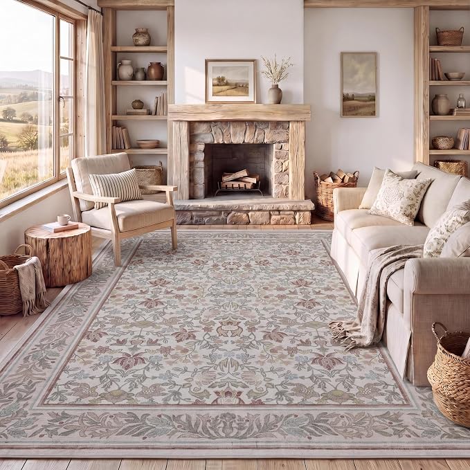 GarveeHome Washable 5x7 Area Rugs for Living Room Bedroom Beige Pink | Boho Vintage Non Slip Soft Low Pile Stain Resistant Indoor Carpet for Farmhouse Dining Room Nursery Home Office
