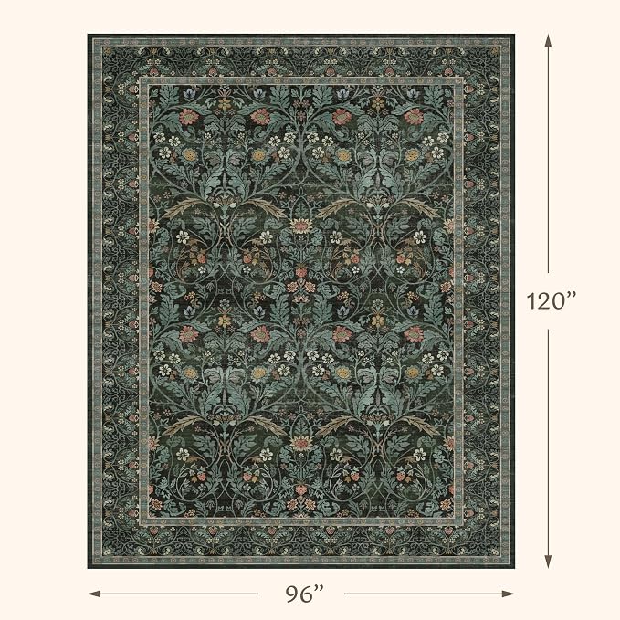 Boho 8x10 Rugs for Living Room, Dark Green Moody Washable Area Rugs for Bedroom, Dining Room Under Table, Playroom, Non Slip Low Pile Oriental Floral Woodland Flower Olive Accent Carpet