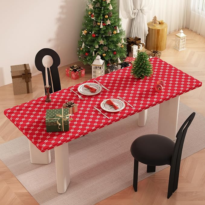 misaya Rectangle Vinyl Table Cloth, Elastic Fitted Tablecloth with Flannel Backing, Waterproof Plastic Table Cover Fits 4 Foot Folding Tables for Picnic, Camping, Indoor and Outdoor (Red, 30" x 48")