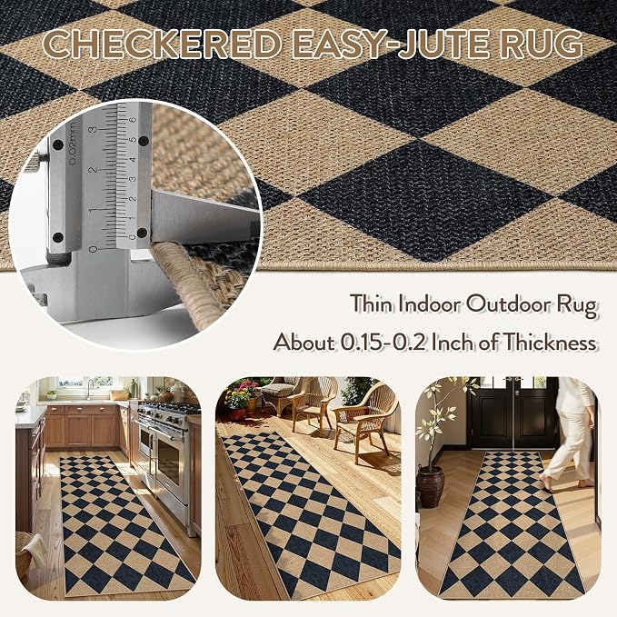 Lahome Checkered Easy Jute Non Slip Kitchen Runner, 2'6"x8' Washable Hallway Runner Rug Outdoor Black Carpet for Entryway Indoor, Checkerboard Indoor Outdoor Carpet for Hallway 8ft Entry