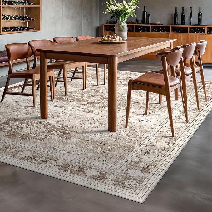 Washable Farmhouse Living Room Rug, 10x14 Area Rugs for Bedroom, Dining Room Under Table Carpet, Kids Room, Extra Large Boho Vintage Non-Slip Rugs Low Pile Stain Resistant (10x14 Beige/Latte)