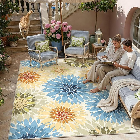 9x12 Indoor Outdoor Area Rug Washable Patio Rug Colorful Non Slip Non Shedding Waterproof Carpet for Living Room Bedroom Camping Porch Backyard Camping RV Balcony Poolside Deck