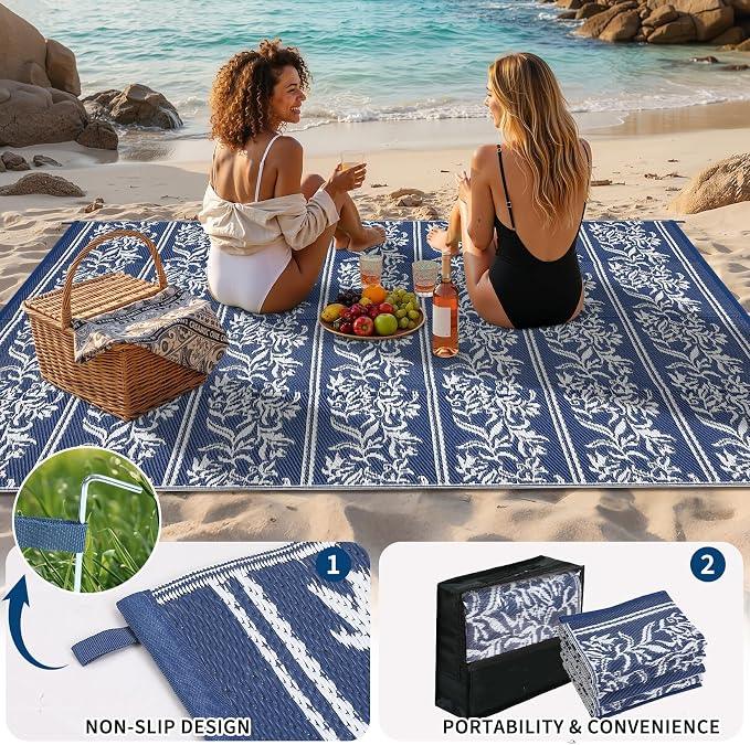 Garvee Outdoor Rugs 9x12 Waterproof Reversible Mat Boho Leaf Patio Rug with 4 Stakes and Starage Bag, Large Outdoor RV Mat Rugs for Camping, Picnic, Balcony, Deck, Backyard, Navy Blue & White