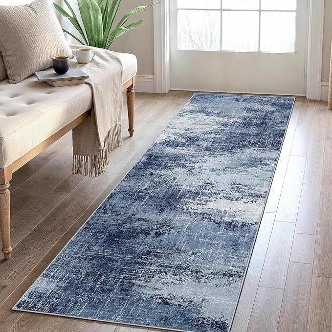 Runner Rugs for Hallway 2x5, Modern Abstract Machine Washable Runners for Kitchen Entryway Bathroom, Low Pile Lightweight Thin Non Slip Runner Rug, Dark Blue