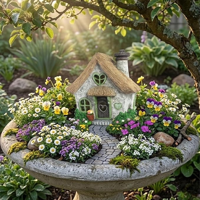 PRETMANNS Fairy House for Outside with Solar Powered LED Lights for Garden - Fairy Garden Houses for Outdoor - Miniature Accessories for Cottage Decor for Village - 7.56” High, Green
