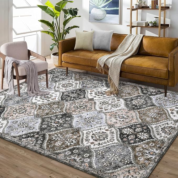 ROYHOME Area Rug 5x7 Moroccan Trellis Machine Washable Rug, Grey/Taupe | Vintage Medallion Distressed Carpet Stain Resistant Non-Slip Accent Rug Floor Cover Farmhouse Dining Bedroom Decor