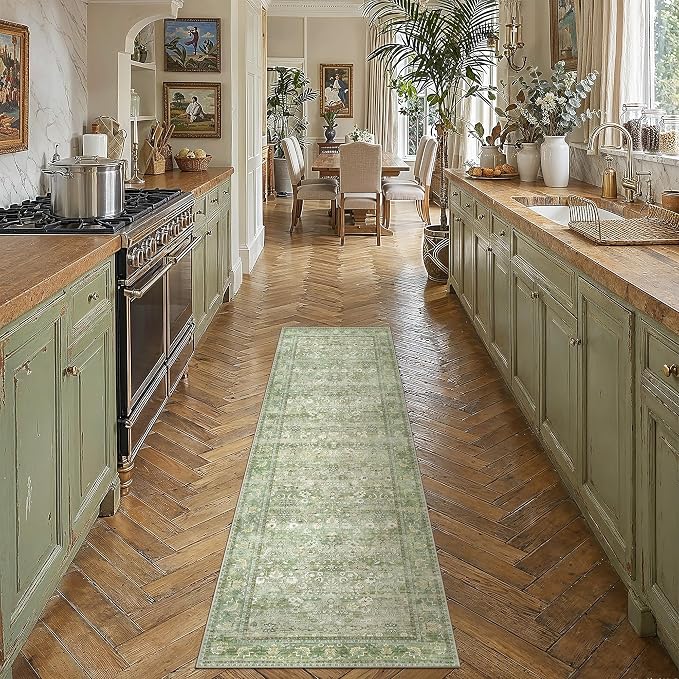 HUGEAR 2x6 Runner Rug Machine Washable Light Green Hallway Area Rugs Indoor Accent Rugs Floral Low Pile Carpet Distressed Throw Rug Bedroom Living Room Office Dining Kitchen Laundry Non Slip