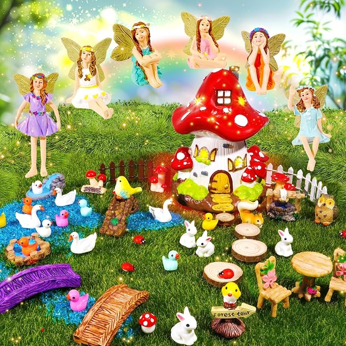 50 Pcs Fairy Garden Accessories Kit Miniature Mushroom House & Fairy Figurines Micro Landscape Kit with Animals & Furniture for DIY Crafts Outdoor Garden Mini House Decor Birthday Gift