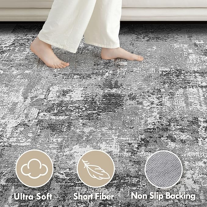 Tortania Washable 10x14 Area Rug for Living Room: Modern Abstract Neutral Large Soft Thin Rugs - Non Slip Indoor Carpet for Bedroom Dining Room Office Nursery Home Floor Decoration - Grey