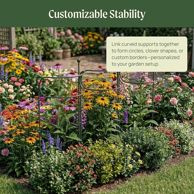 6 Pack Curved Plant Support Stakes, Dual Half Round Metal Garden Plant Stake, Peony Cages and Supports, 10"(W) x 34" (H) Flower Support Ring for Peonies, Hydrangea