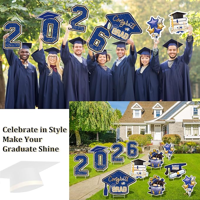 Large 11 PCS Graduation Yard Signs, Class of 2026 Congrats Grad Outdoor Lawn Yard Sign with Stakes, Graduate Yard Decorations for College High School Party, Blue and Gold