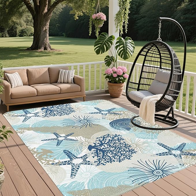 Coastal Starfish Area Rugs for Living Room 5x7,Beach Coral Seashell Bedroom Rug Washable Non-Slip Soft Floor Big Carpets for Dining Room Nursery,Kids Home Decor Aesthetic