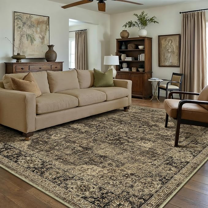 HUGEAR Retro Brown Area Rug 8x10 Machine Washable Living Room Rugs Distressed Vintage Floral Low Pile Carpet Bedroom Office Dining Room Laundry Room Non Slip Soft Lightweight