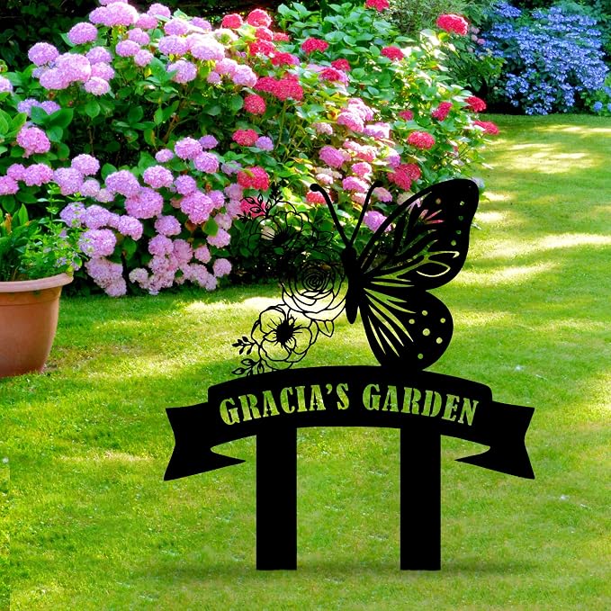 Personalized Butterfly Metal Garden Sign with Stake, Custom Garden Decor for Outdoor, Custom Large Family Name Sign, Patio Decorations, Lawn Art, Farmhouse Decorative, Housewarming Gift